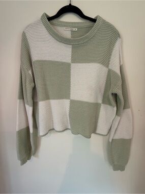 moon & madison Sage Green and White Block Crew Sweater